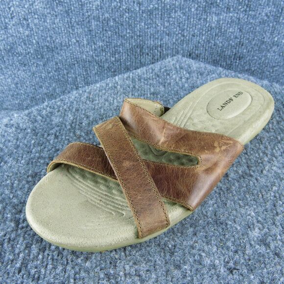 Lands' End Women Slide Sandal Shoes Size 7 Medium‎ Brown Leather - Picture 1 of 9